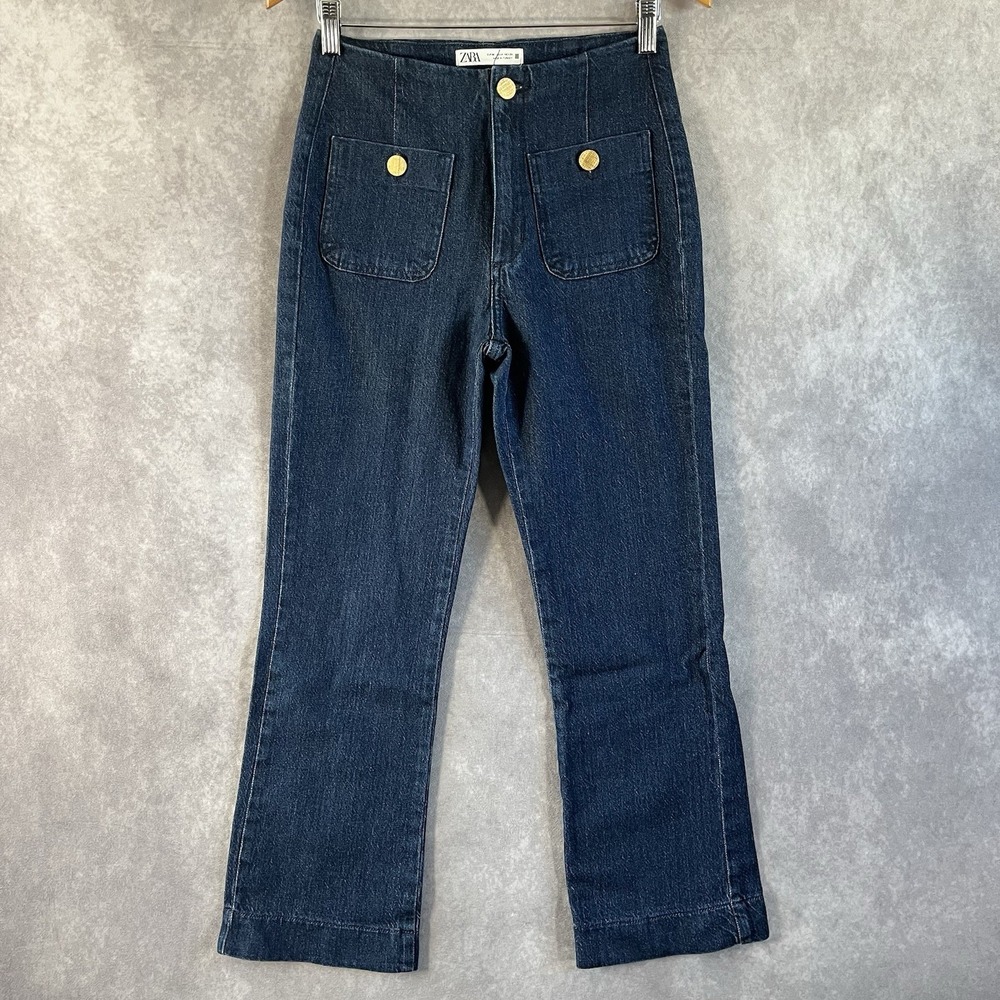 Zara Jeans Women 4 Blue High Rise Marine Straight Gold Button Patch Pocket